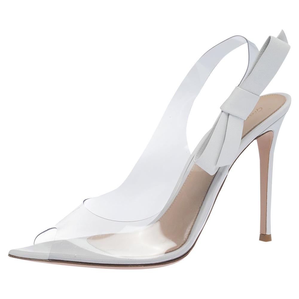 Gianvito Rossi White And PVC Valentina Peep Toe Slingback Sandals Size 40.5