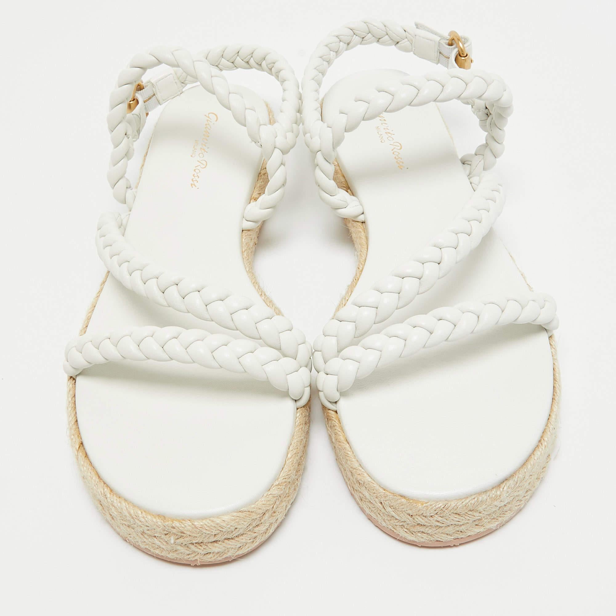 Bianco Gianvito Rossi White Braided Leather Espadrille Platform Sandals Taglia 41 in vendita