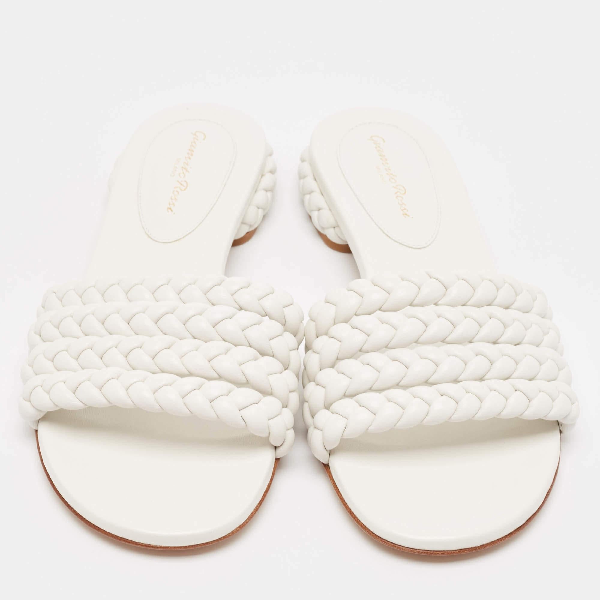 Bianco Gianvito Rossi White Braided Leather Slide Flats Taglia 38,5