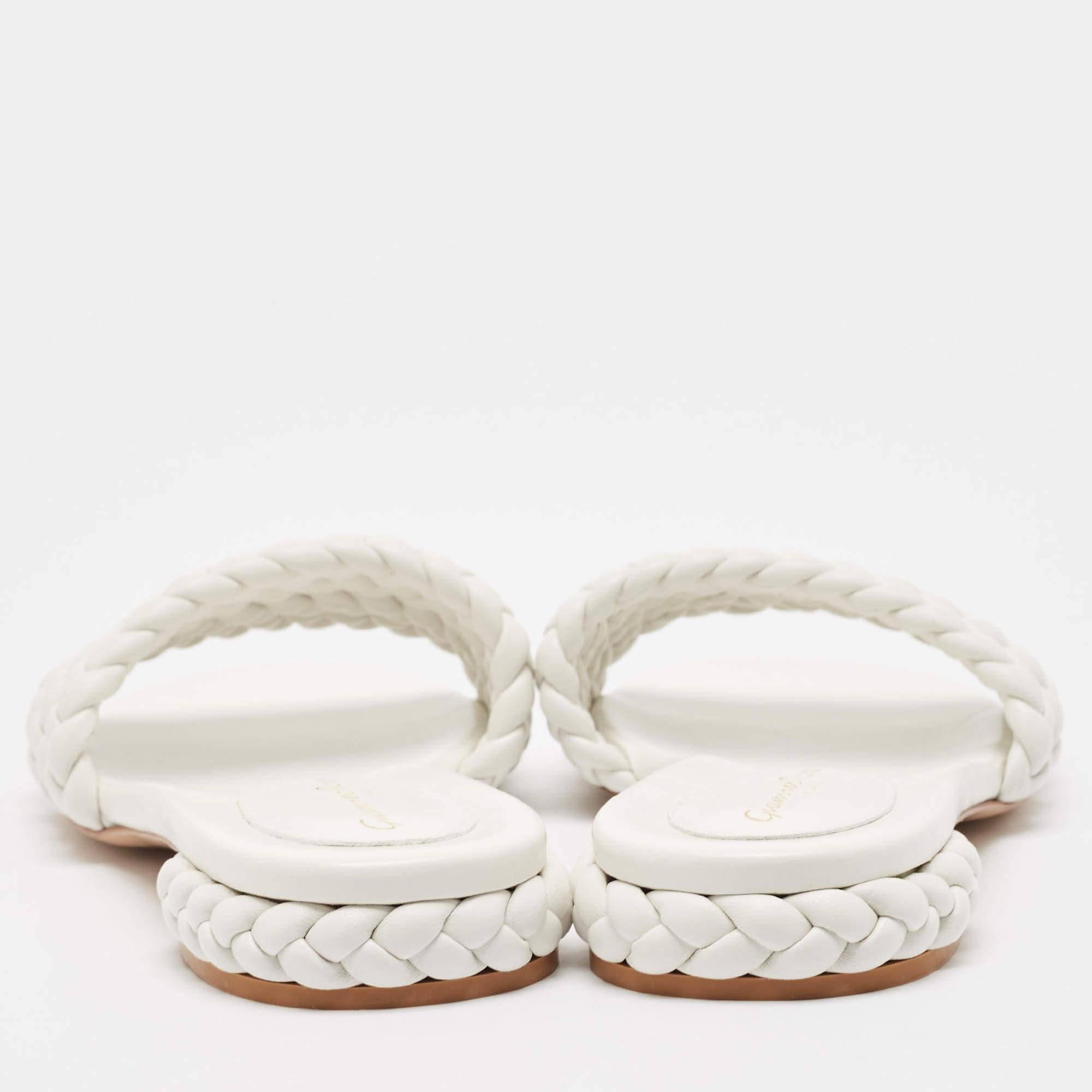 Donna Gianvito Rossi White Braided Leather Slide Flats Taglia 38,5