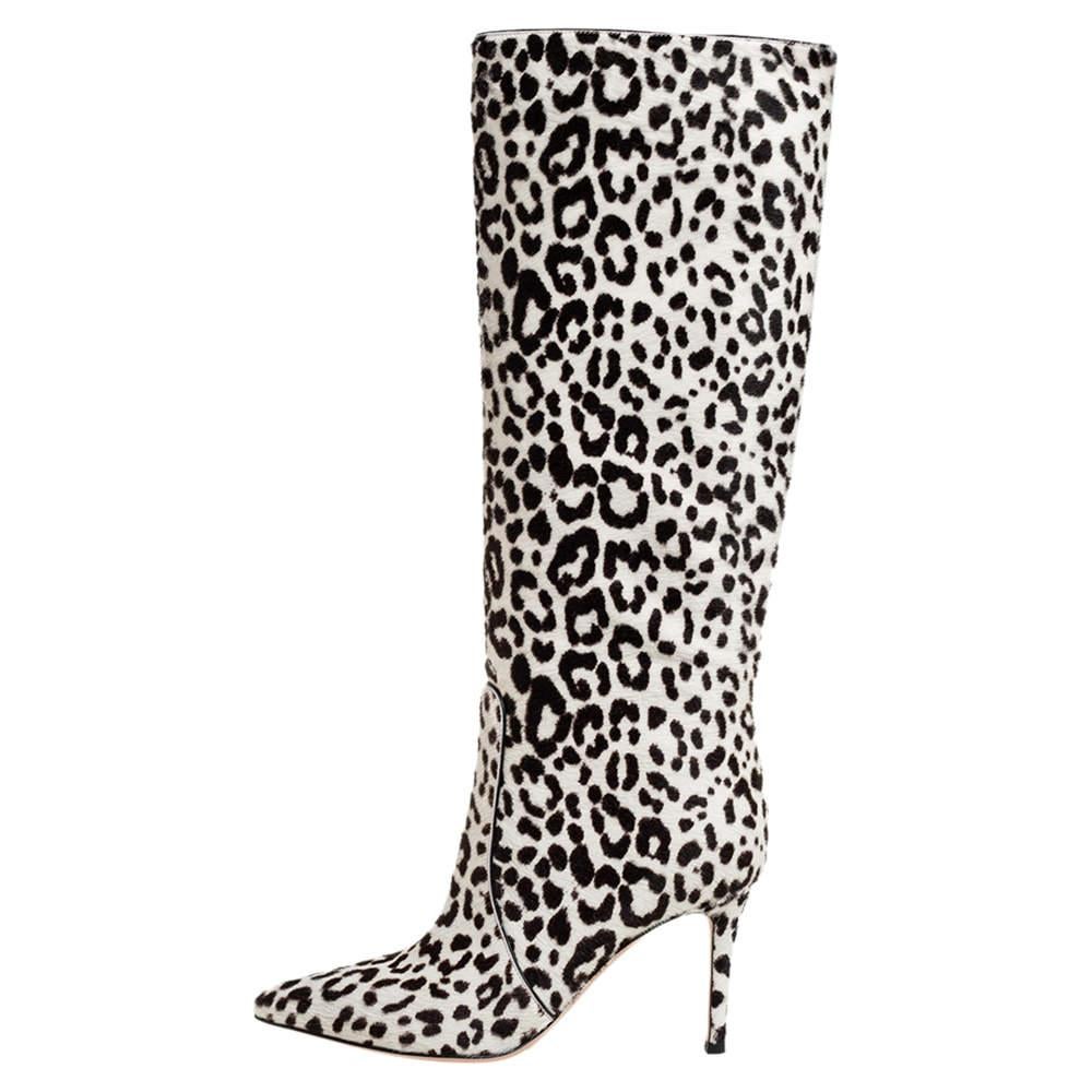 Gianvito Rossi White/Brown Calf Hair Knee Length Boots Size 36 In Excellent Condition For Sale In Dubai, Al Qouz 2