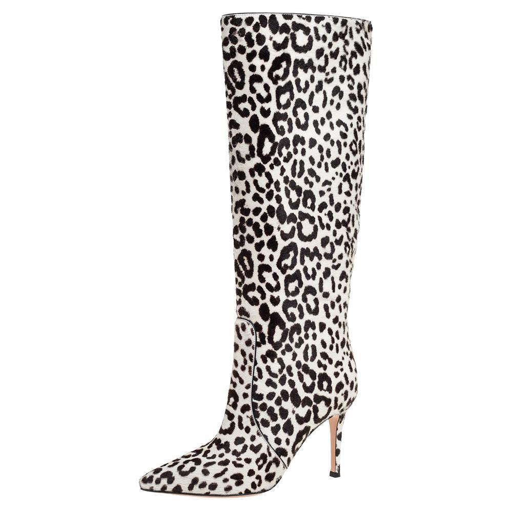 Gianvito Rossi White/Brown Calf Hair Knee Length Boots Size 36 For Sale