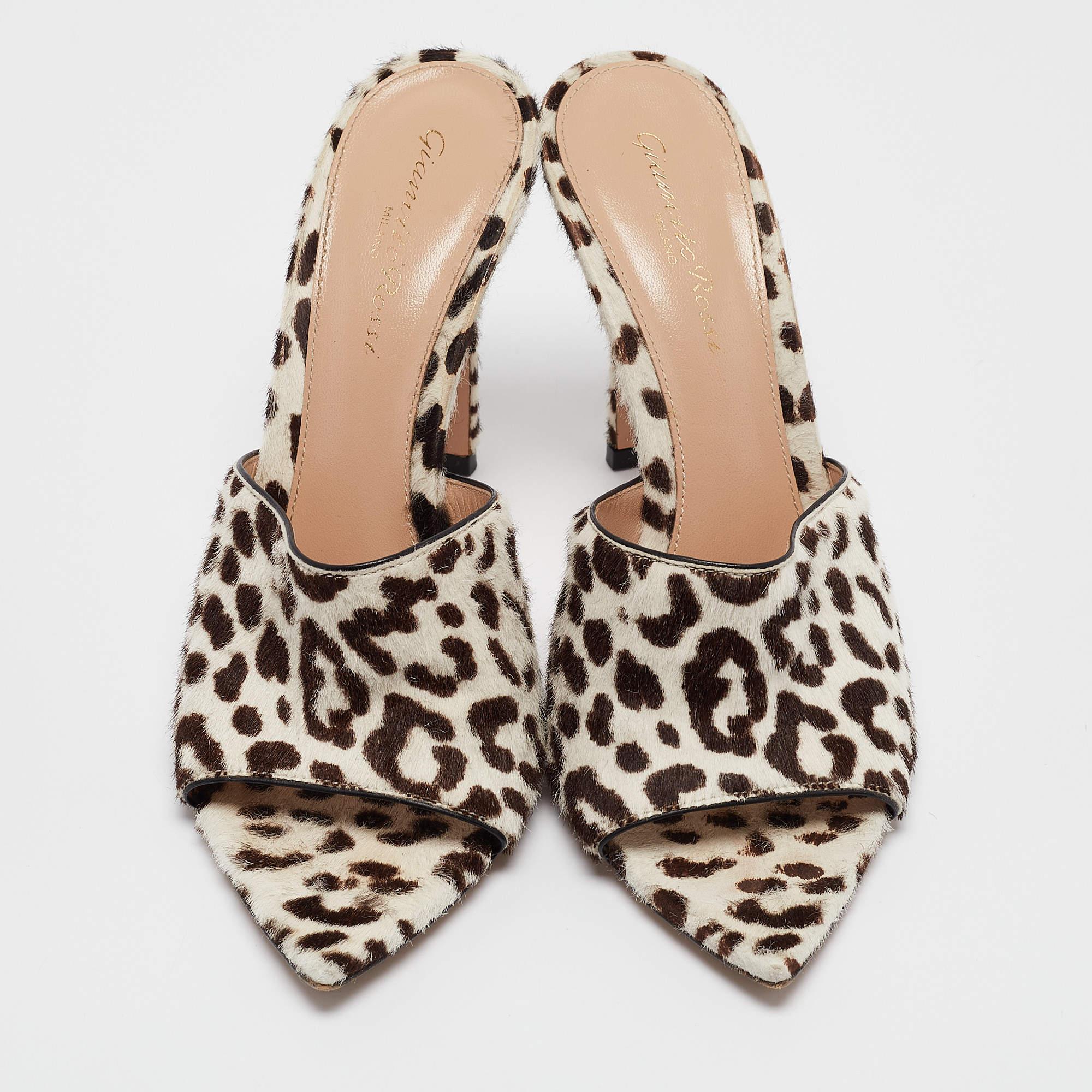 Beige Gianvito Rossi White/Brown Leopard Print Calf Hair Elle Sandals Size 37 For Sale