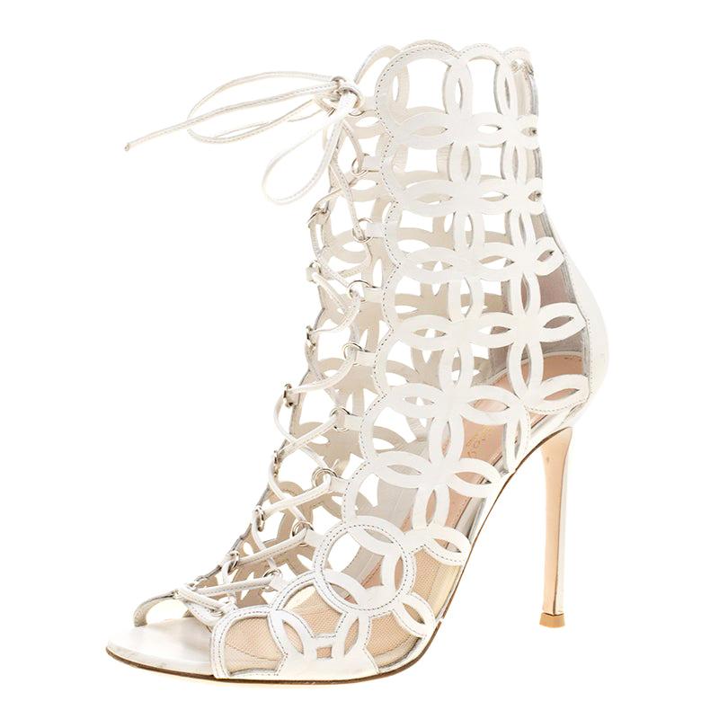 Gianvito Rossi White Cutout Leather Lace Up Peep Toe Sandals Size 37 For Sale