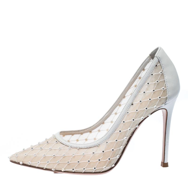 Gianvito Rossi White Lace And Leather Crystal Pointed Pumps Size 36.5 1