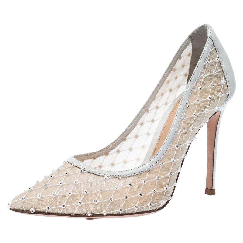 Gianvito Rossi White Lace And Leather Crystal Pointed Pumps Size 36.5