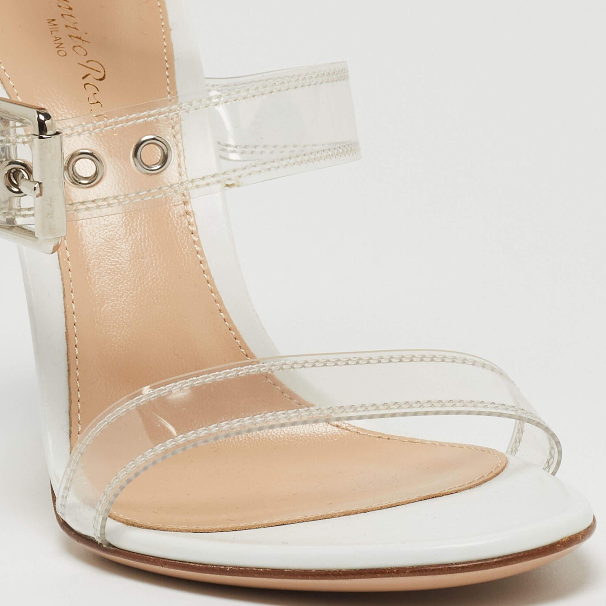 Gianvito Rossi White Leather and PVC Ankle Strap Sandals Size 39 In Excellent Condition For Sale In Dubai, Al Qouz 2