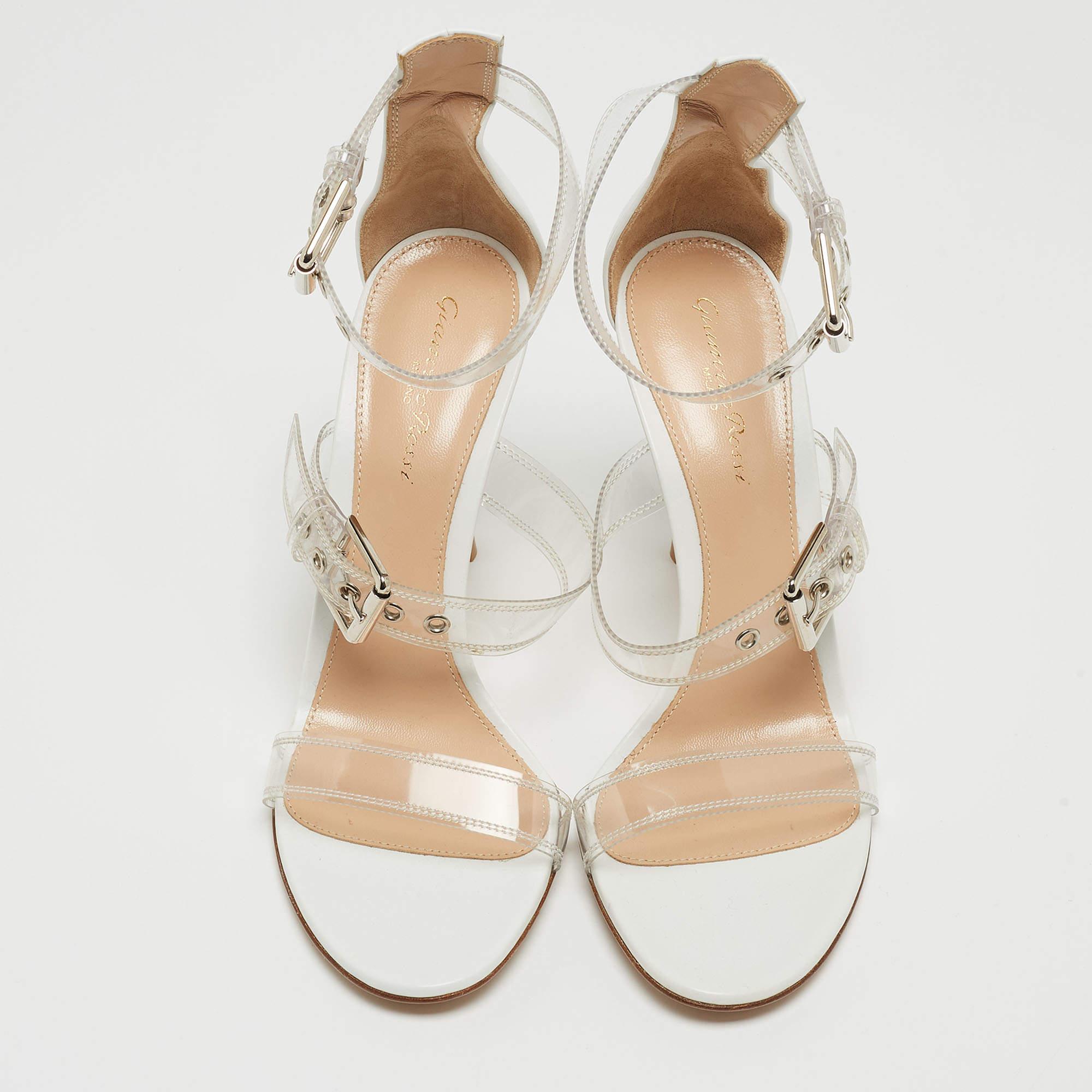 Women's Gianvito Rossi White Leather and PVC Ankle Strap Sandals Size 39 For Sale