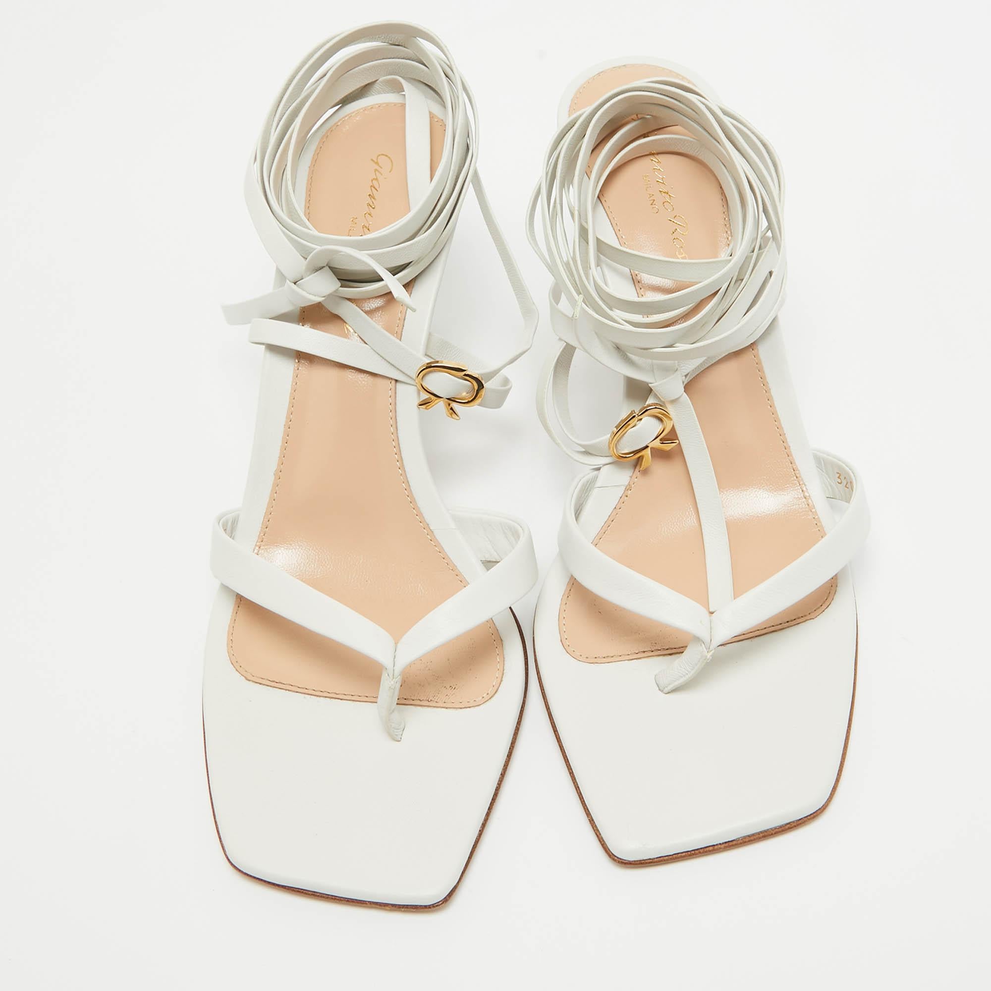 Gray Gianvito Rossi White Leather Ankle Wrap Sandals Size 38