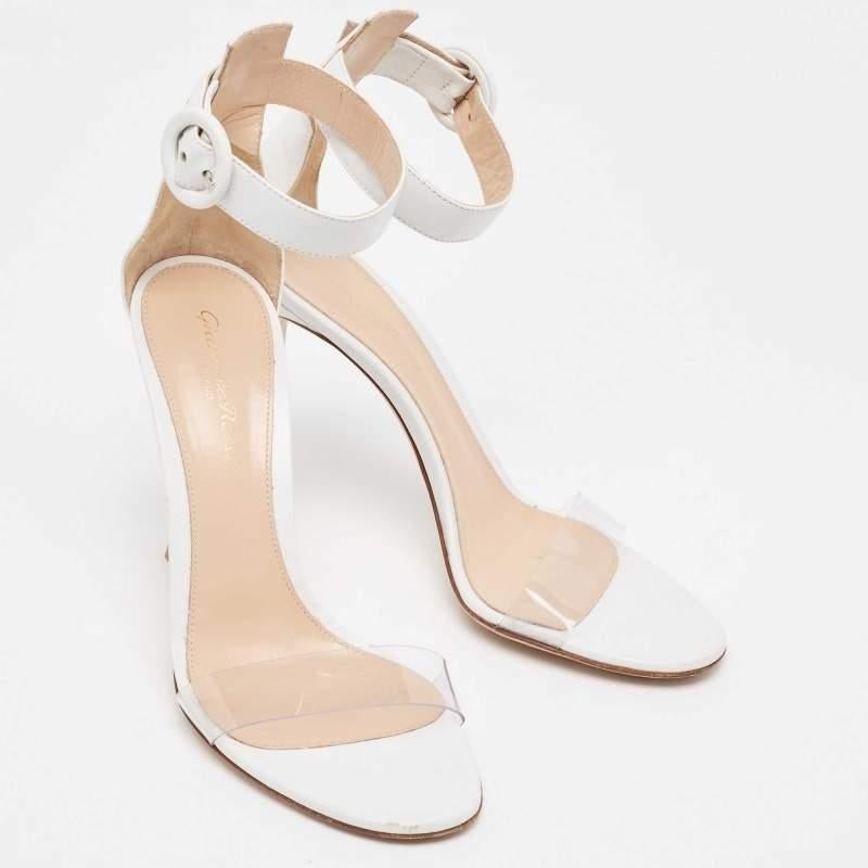 Women's Gianvito Rossi White Leather PVC Open Toe Ankle Strap Sandals Size 37.5 For Sale