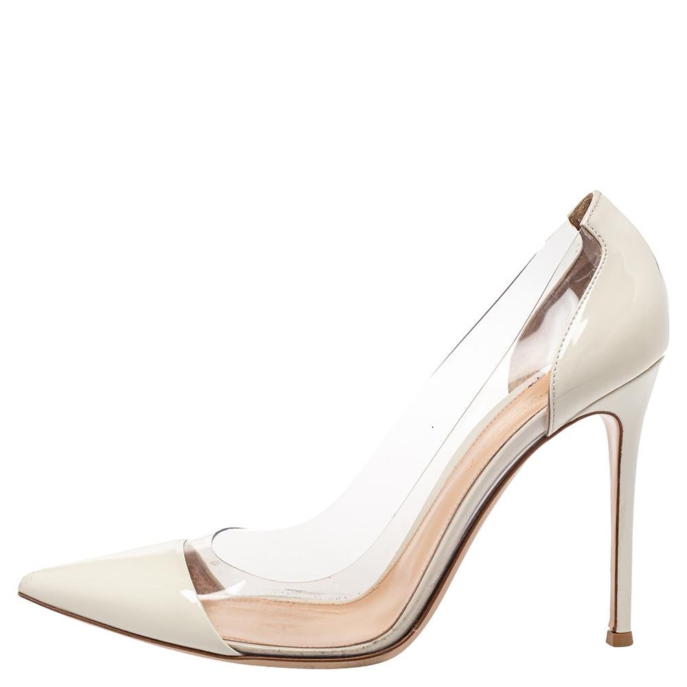 Gianvito Rossi White Patent Leather And PVC Plexi Pointed Toe Pumps Size 40 1