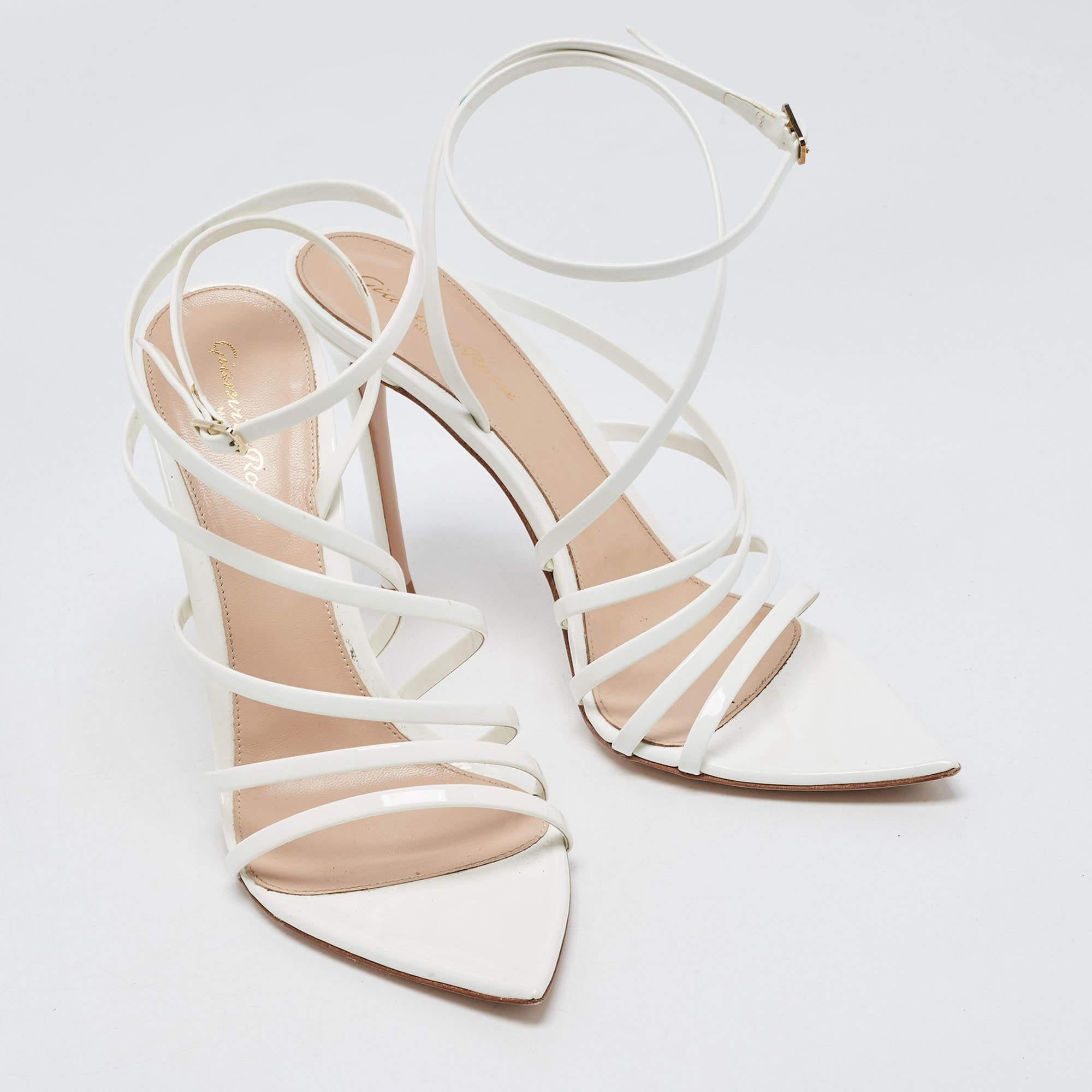 Gianvito Rossi White Patent Leather Strappy Ankle Wrap Sandals Size 39 1