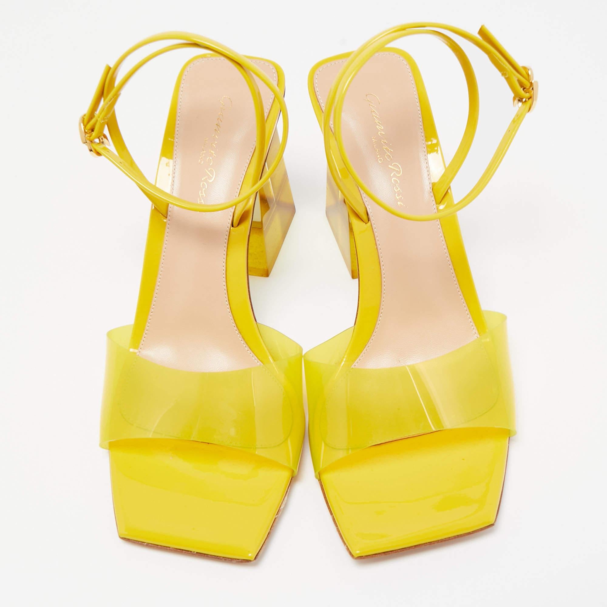 Women's Gianvito Rossi Yellow Patent and PVC Ankle Wrap Sandals Size 38 For Sale
