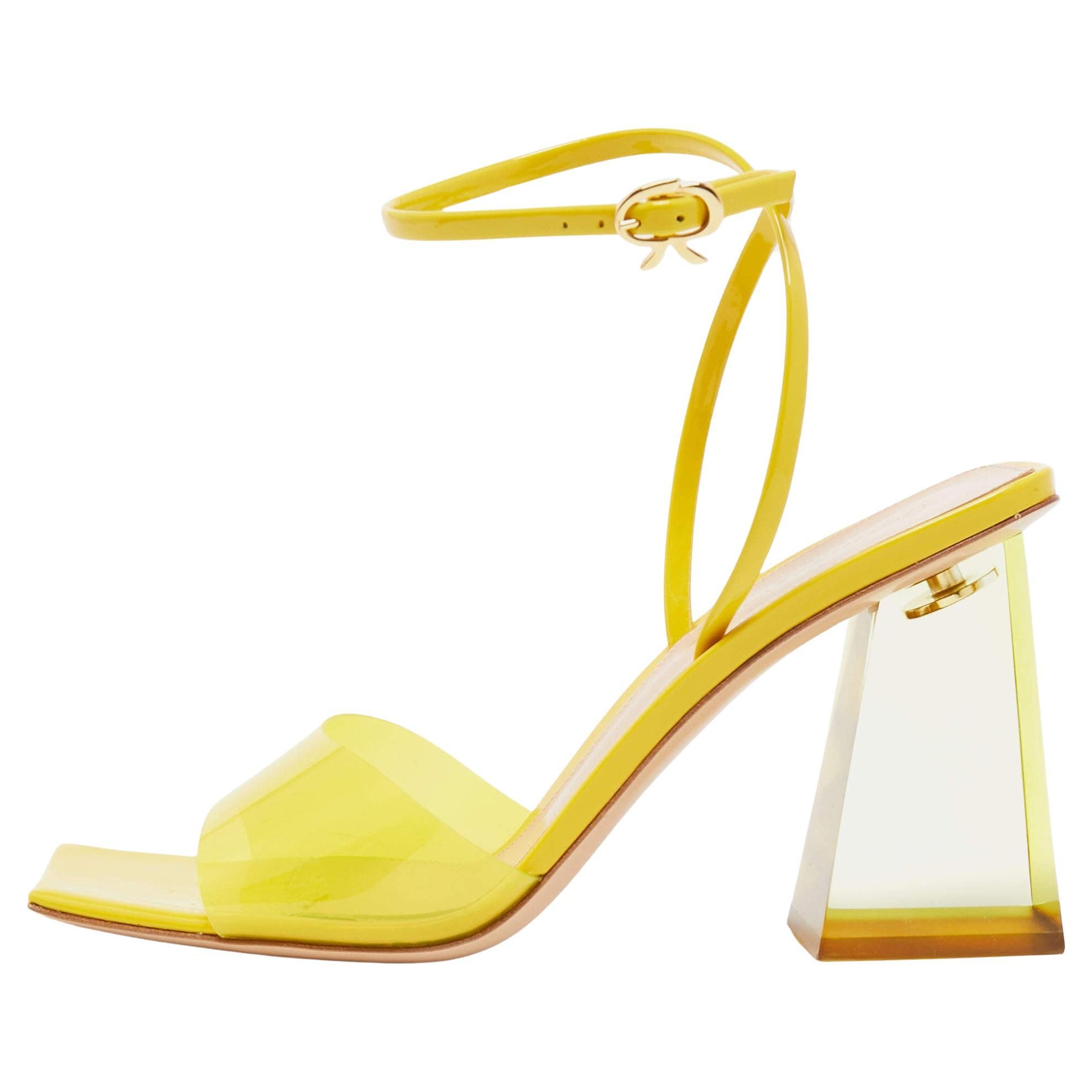 Gianvito Rossi Yellow Patent and PVC Ankle Wrap Sandals Size 38 For Sale