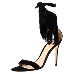 Gianvitto Rossi Black Suede Olivia Fringe Ankle Wrap Sandals Size 40