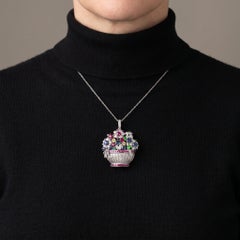 Giardinetto Multi Gem Diamond Flower Basket Brooch Pendant, Platinum, Circa
