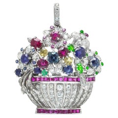 Giardinetto Multi Gem Diamond Flower Basket Brooch Pendant, Platinum, Circa