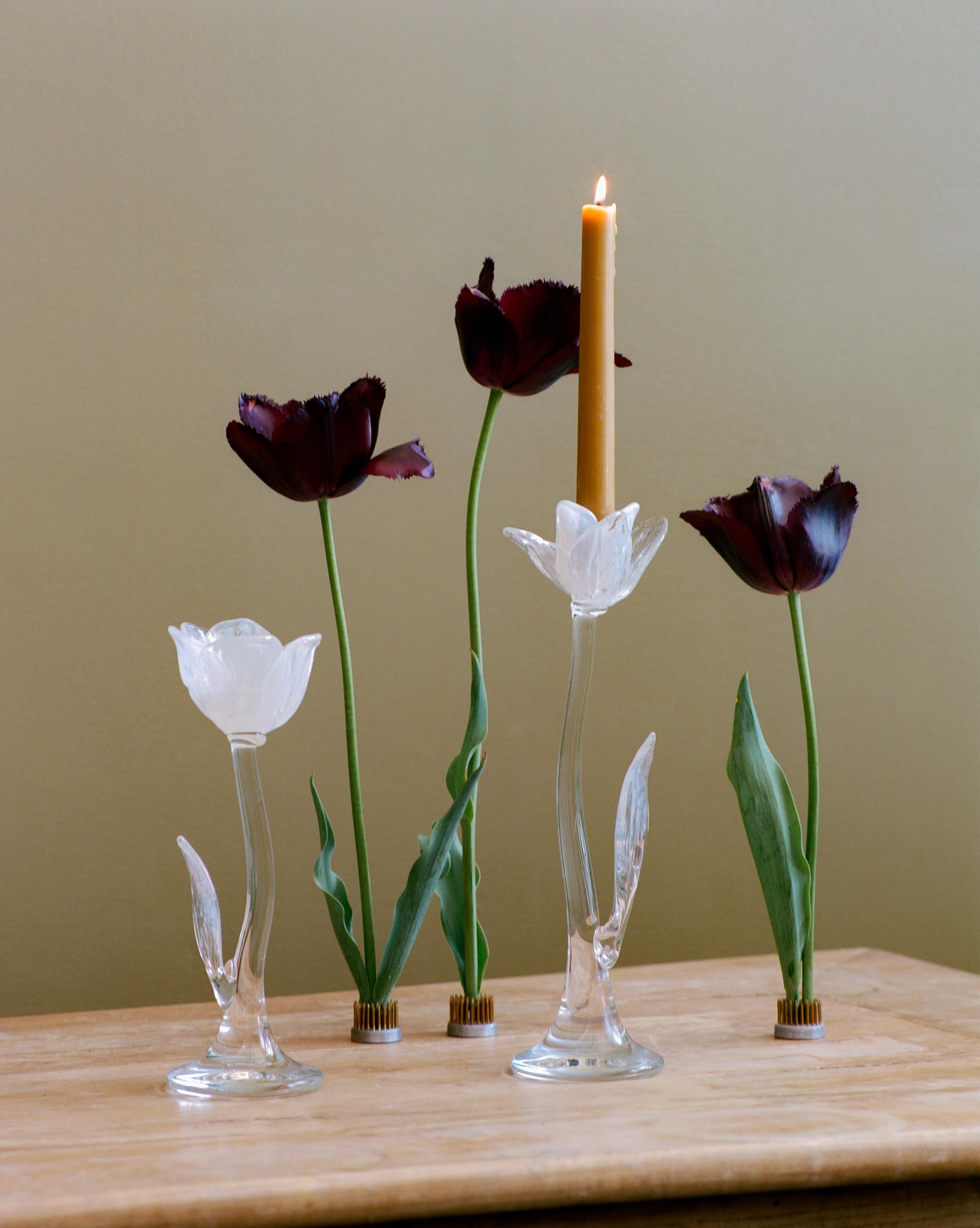 American Giardino Hand Sculpted Glass Flower Candlesticks by Sophie Lou Jacobsen For Sale