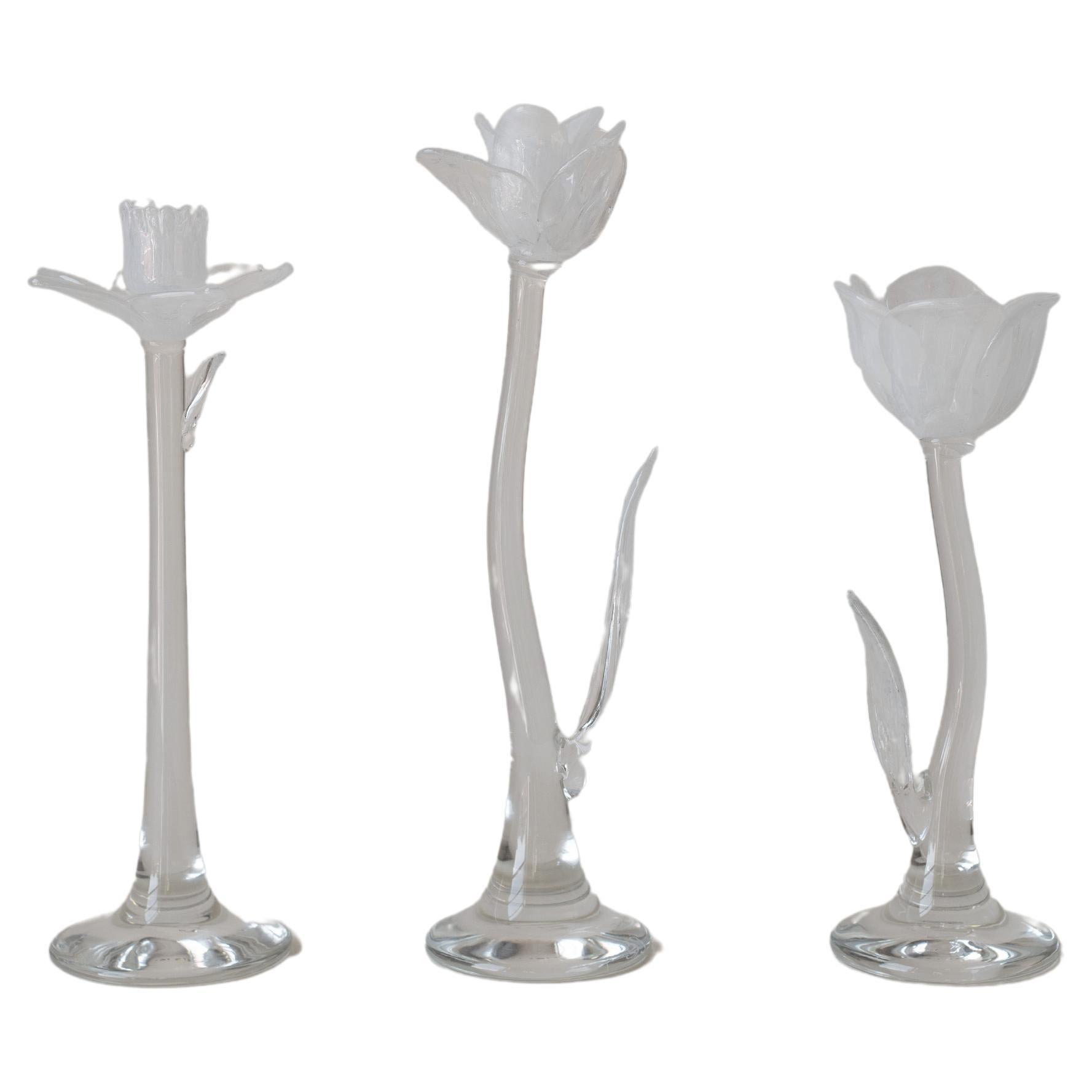 Giardino Hand Sculpted Glass Flower Candlesticks by Sophie Lou Jacobsen For Sale