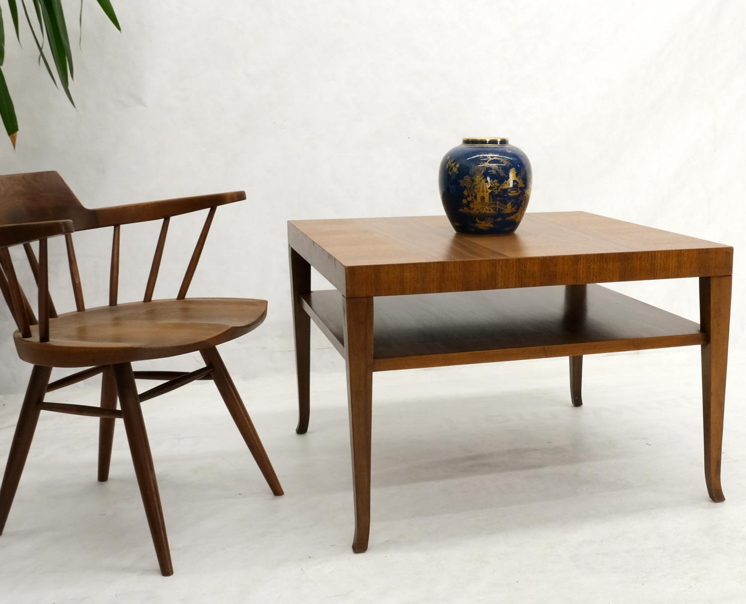 American walnut Mid-Century Modern square two tier coffee side center end lamp table stand in restored condition.