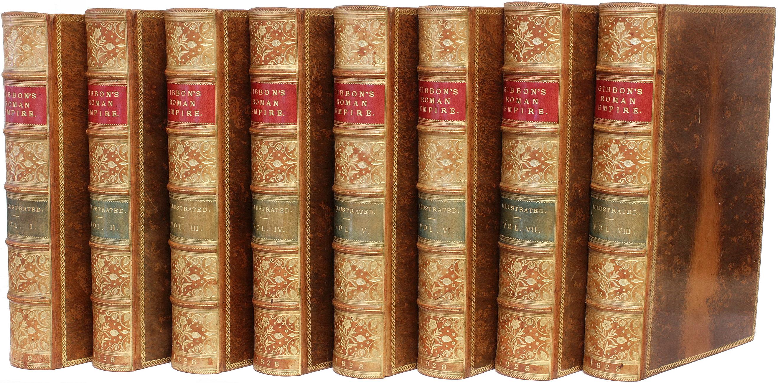 AUTORE: GIBBON, Edward. 

TITOLO: Storia del declino e della caduta dell'impero romano.

EDITORE: Londra: per molti, 1828.

DESCRIZIONE: COPIA UNICA EXTRA ILLUSTRATA. 8 volumi, 8-13/16