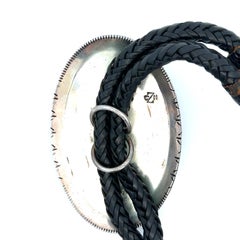 Gibson Nez Navajo Sterling Silver Large Turquoise Braided Black Leather Bolo Tie