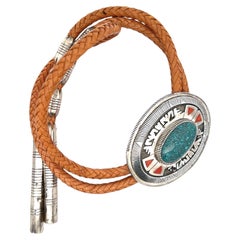 Gibson Nez Navajo Sterling Silver Large Turquoise Braided Tan Leather Bolo Tie
