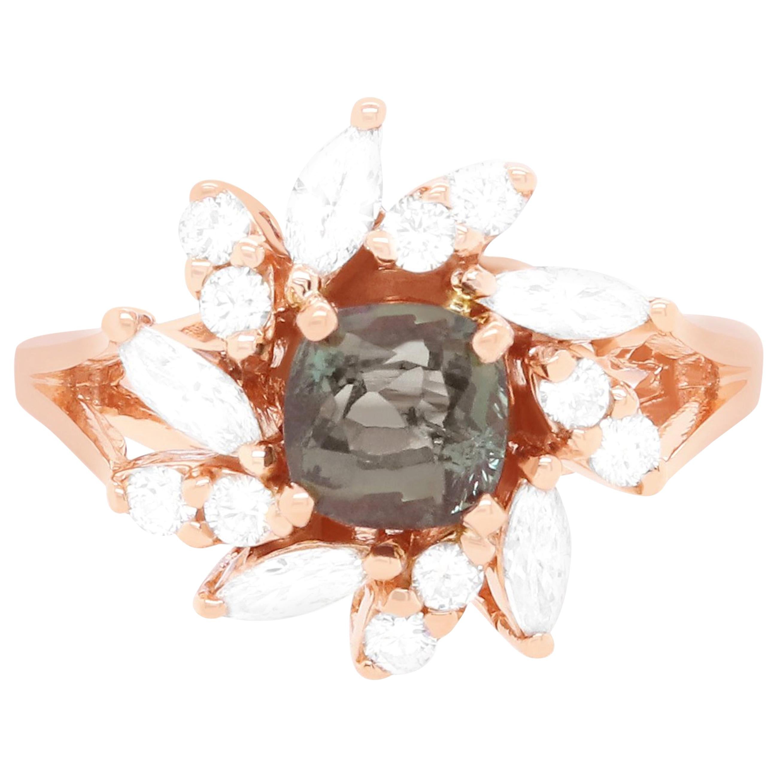 GIC Certified Natural Color Change Alexandrite White Diamond Ring 14K Rose Gold