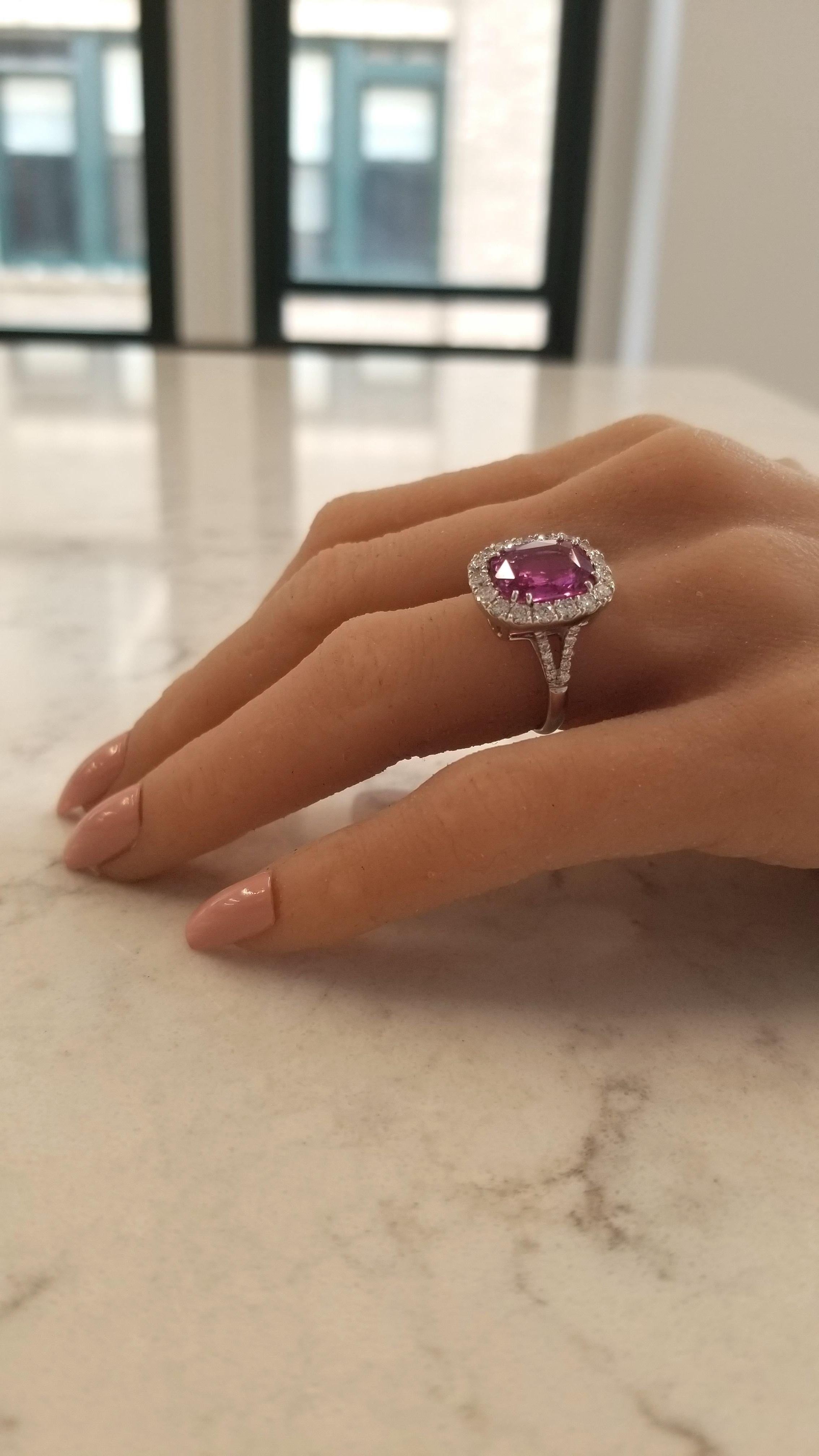 Contemporary GIC Certified 6.06 Carat Cushion Pink Sapphire & Diamond Cocktail Ring In 18K 