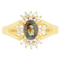 GIC Certified Alexandrite Natural Diamond Art Deco Style 18K Yellow Gold Ring