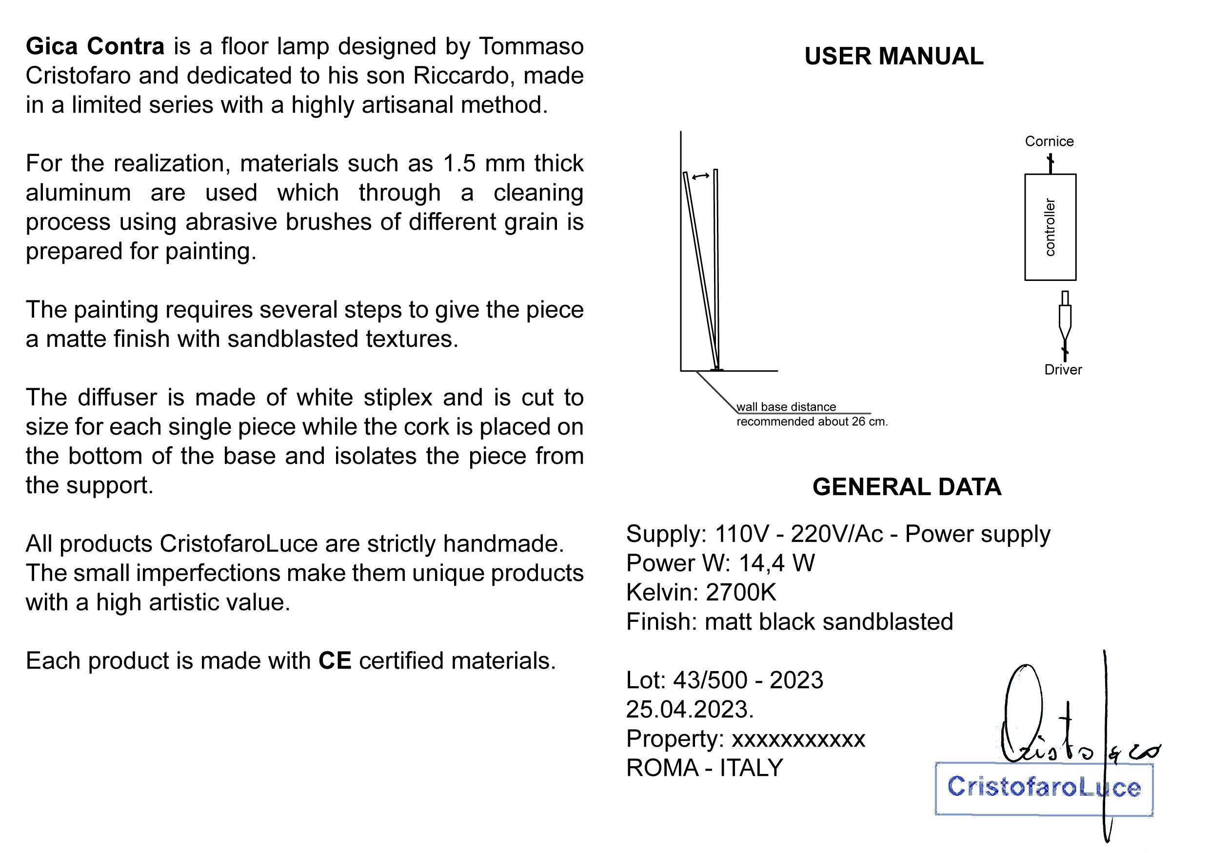 Gica Contra Lampadaire Hand Made Minimalist Italian Design by Tommaso Cristofaro en vente 6