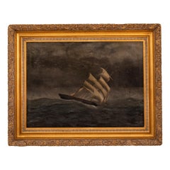 Antique Oil on Canvas Marine Sailing Ship Painting Stormy Sea California 1865