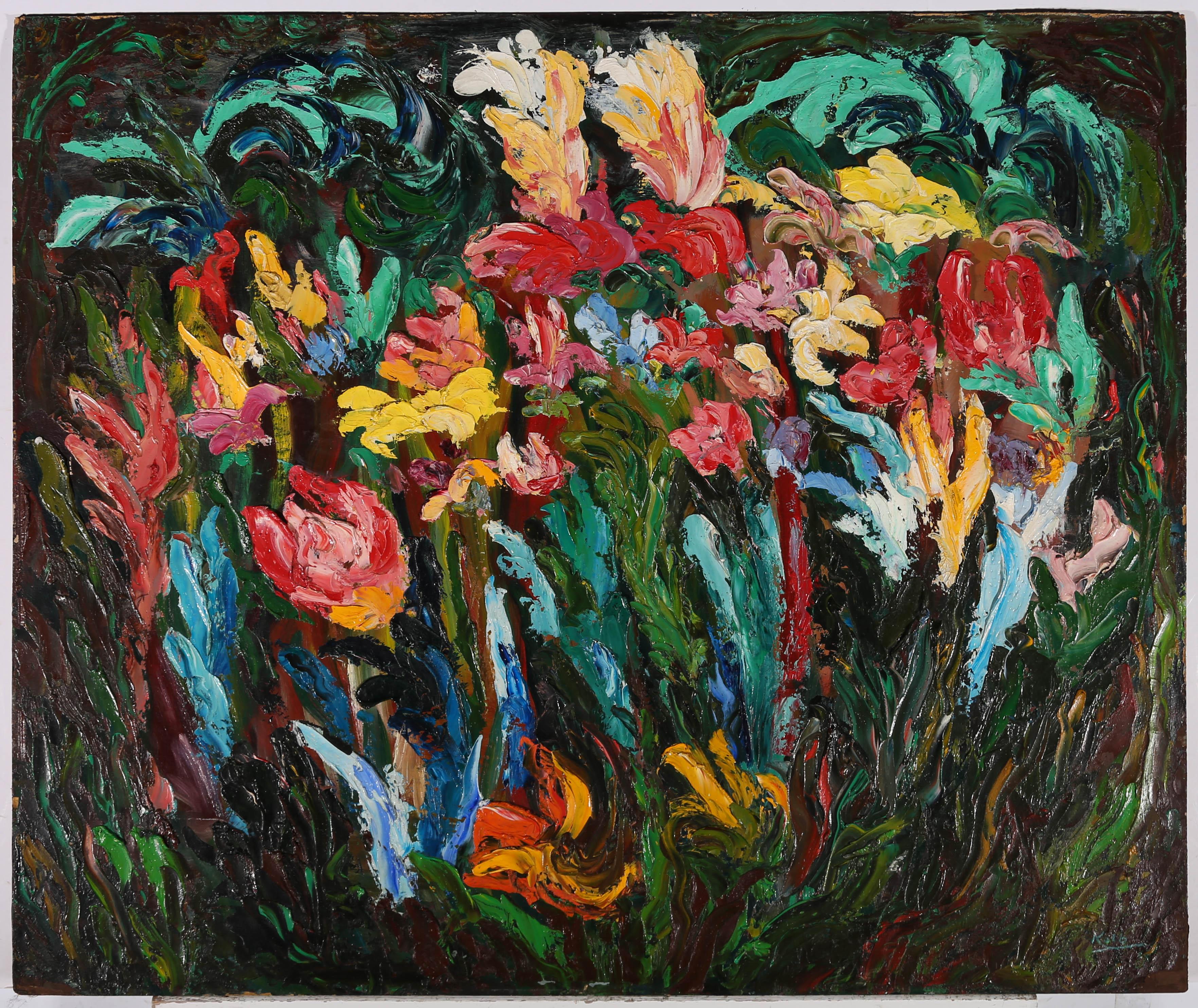 A wonderfully vibrant and dynamic 20th Century impasto oil painting showing a cacophony of colourful flowers full of movement and life. The artist's combination of vivid colour and heavy textured paint make the flowers jump off the board and add