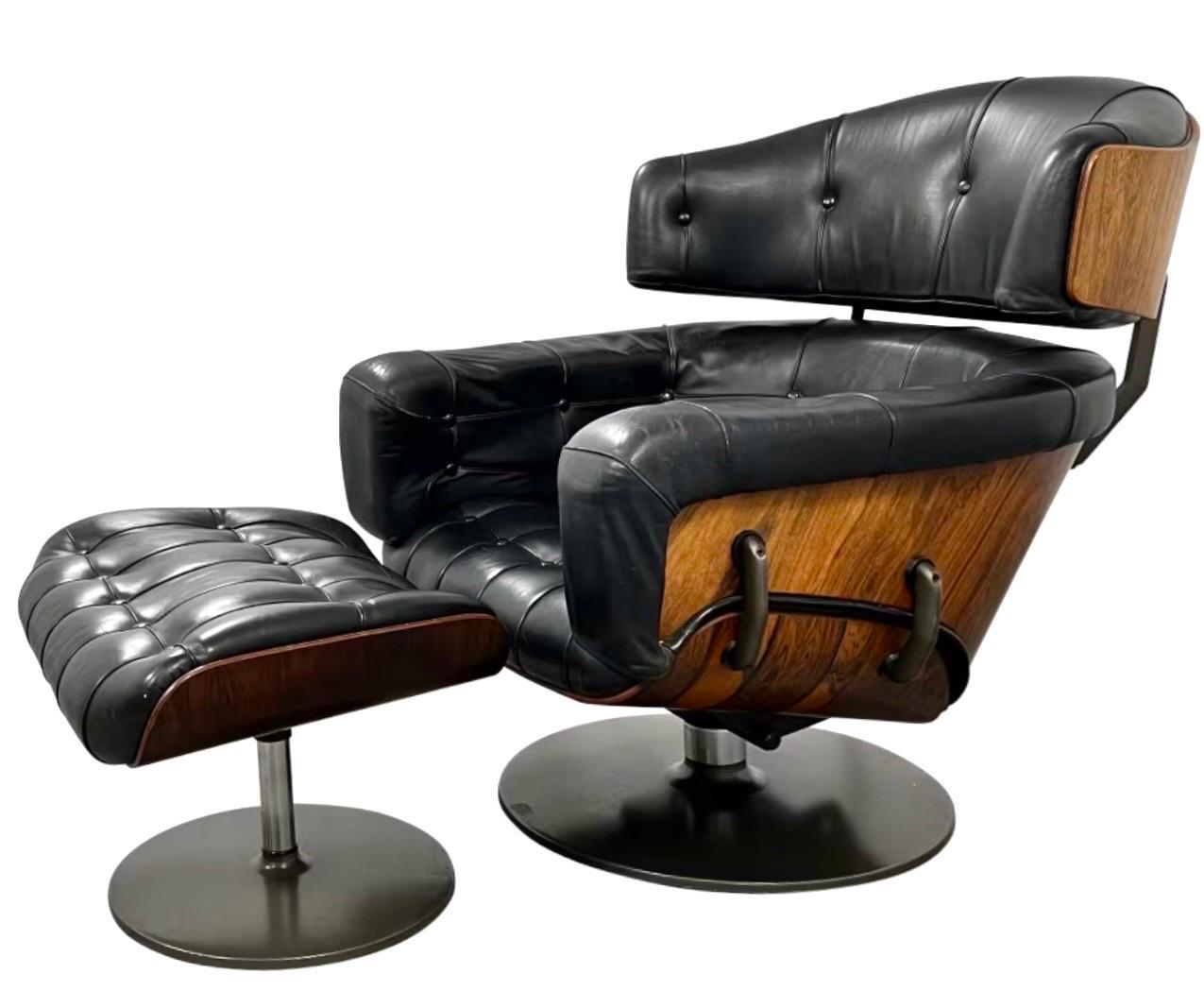 Mid-Century Modern Gieger Lounge Chair and Ottoman, Rosewood & Black Leather, Arflex Italia, 1960s For Sale