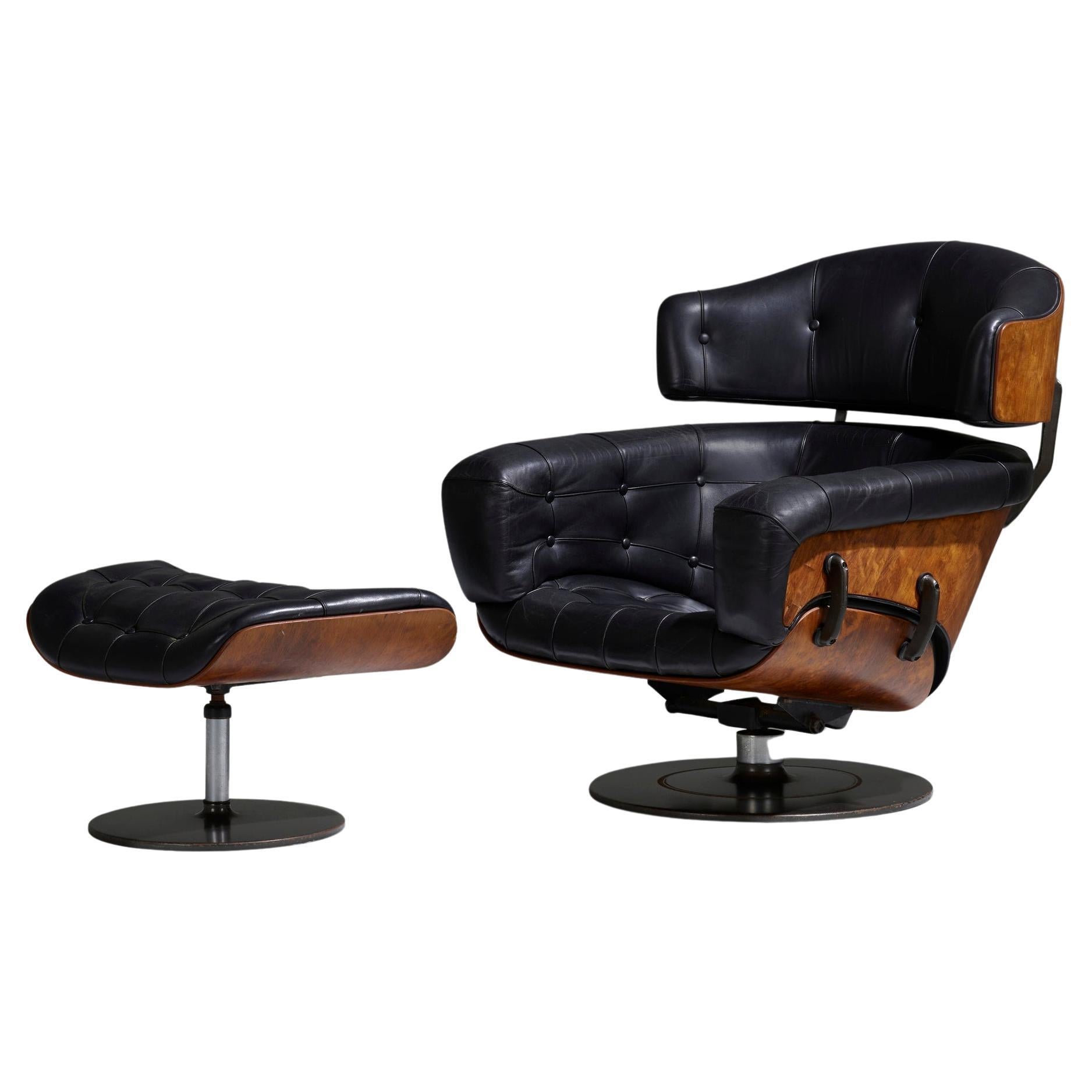 Gieger Loungesessel und Ottomane, Rosenholz und schwarzes Leder, Arflex Italia, 1960er Jahre im Angebot