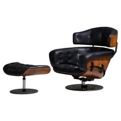 Vintage Gieger Lounge Chair and Ottoman, Rosewood & Black Leather, Arflex Italia, 1960s