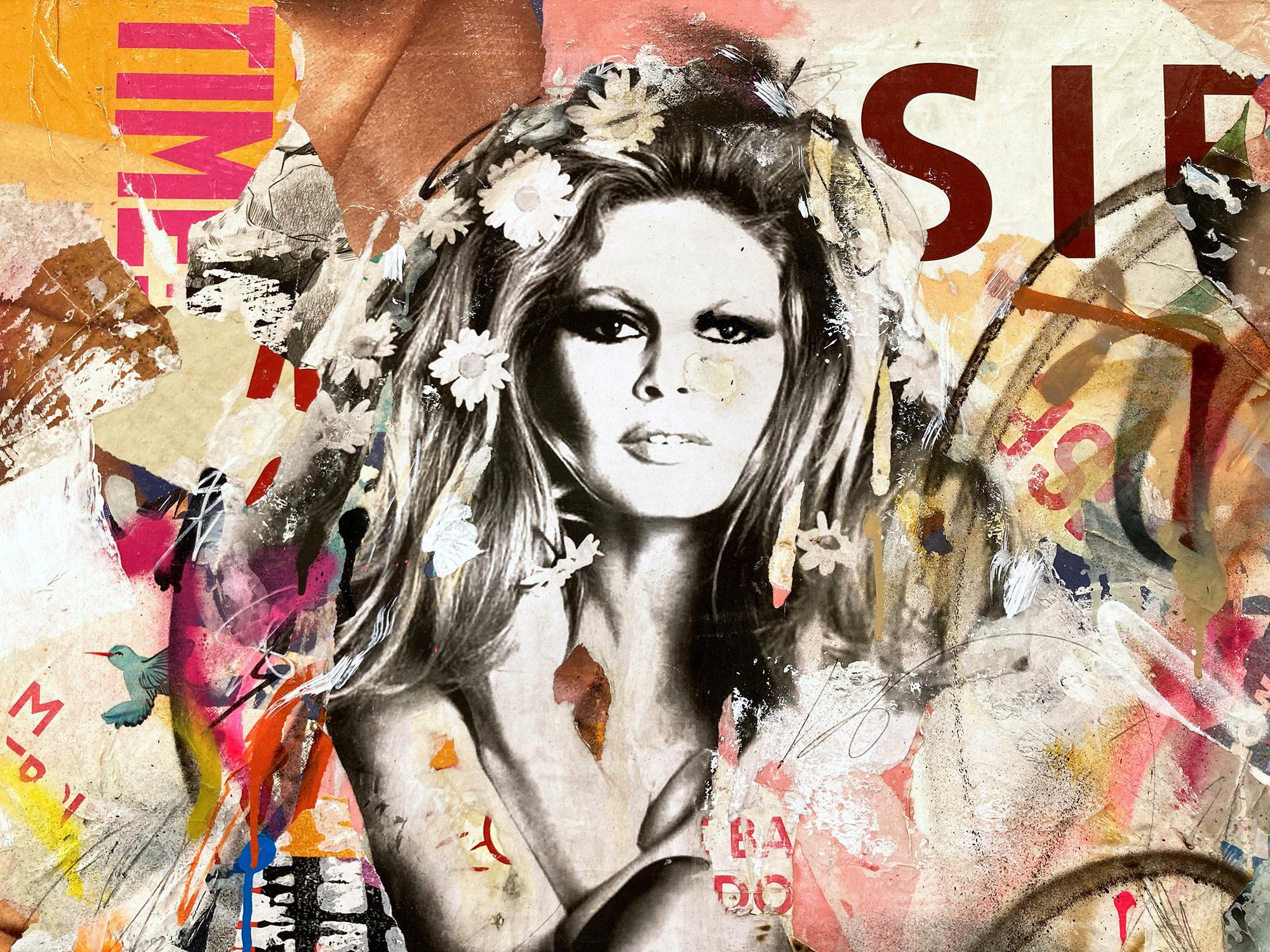 This piece depicts famous French actress and model Brigitte Bardot. Done with beautiful expressive colors and a distinctive street art design, this piece pops with energy and romantic beauty. Its composition and bold collage make a wonderful
