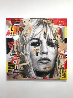 "Brigitte" Pop Art Portrait of Brigitte Bardot Décollage Painting on Canvas
