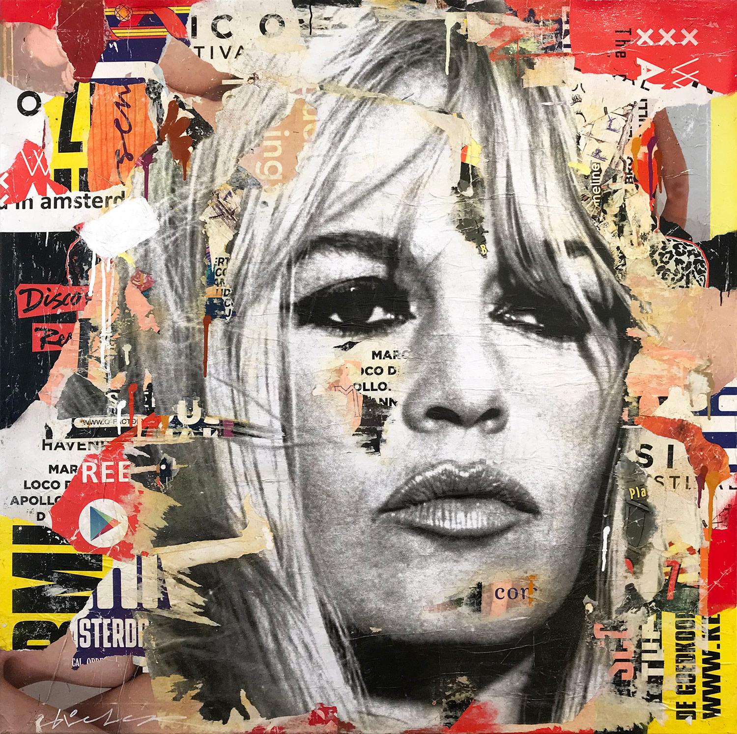 Gieler Portrait Painting – "Brigitte" Pop Art Portrait von Brigitte Bardot Décollage Gemälde auf Leinwand