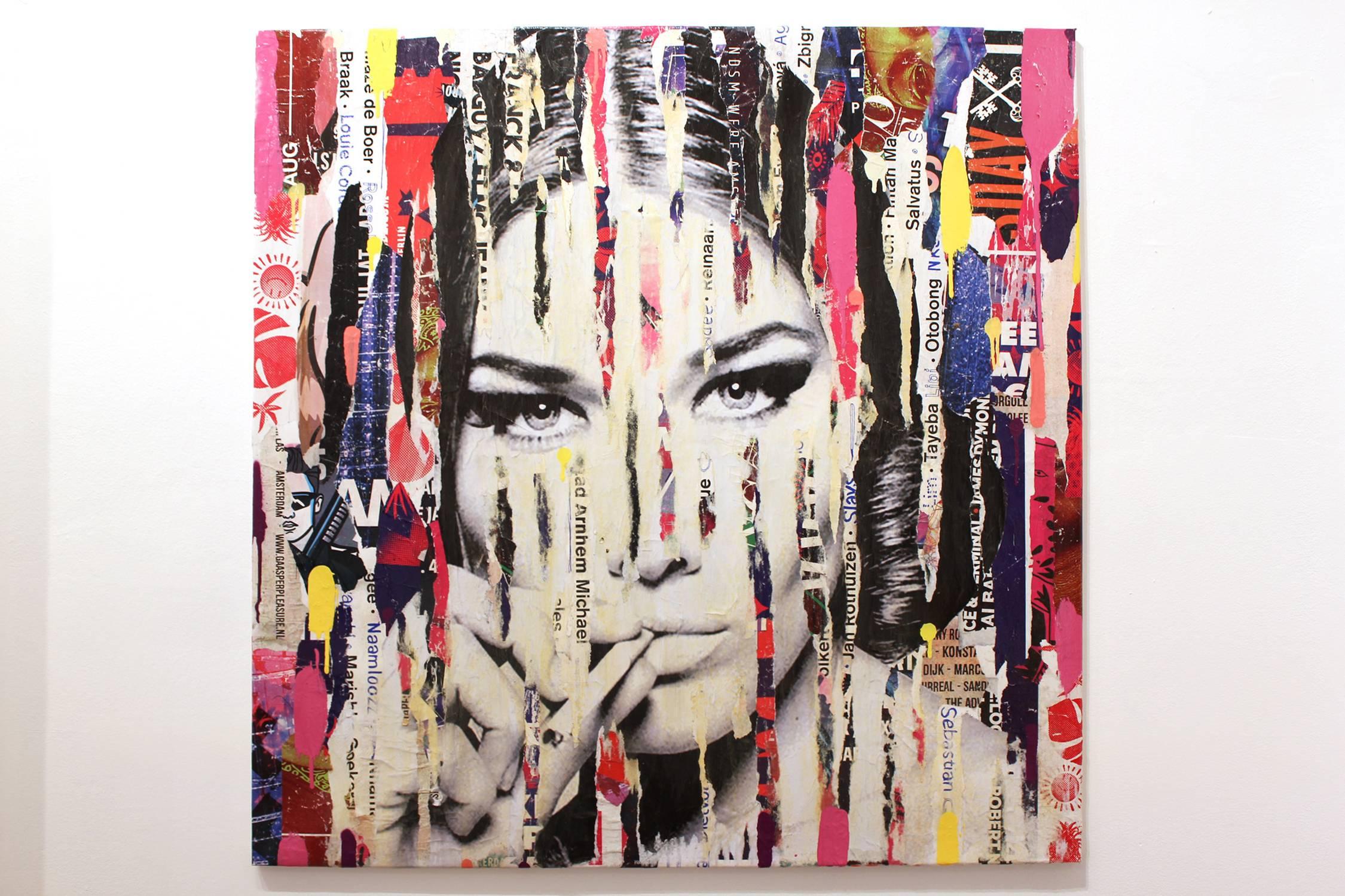 This piece depicts famous Italian-French singer-songwriter and former model Carla Bruni, married to former French president Nicolas Sarkozy. Done with beautiful expressive colors and a distinctive street art design, this piece pops with energy and a