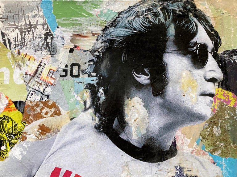 This piece depicts John Lennon wearing an iconic New York City shirt. Done with beautiful expressive colors and a distinctive street art design, this piece pops with energy and a romantic beauty. It is a large canvas with a vibrant composition and