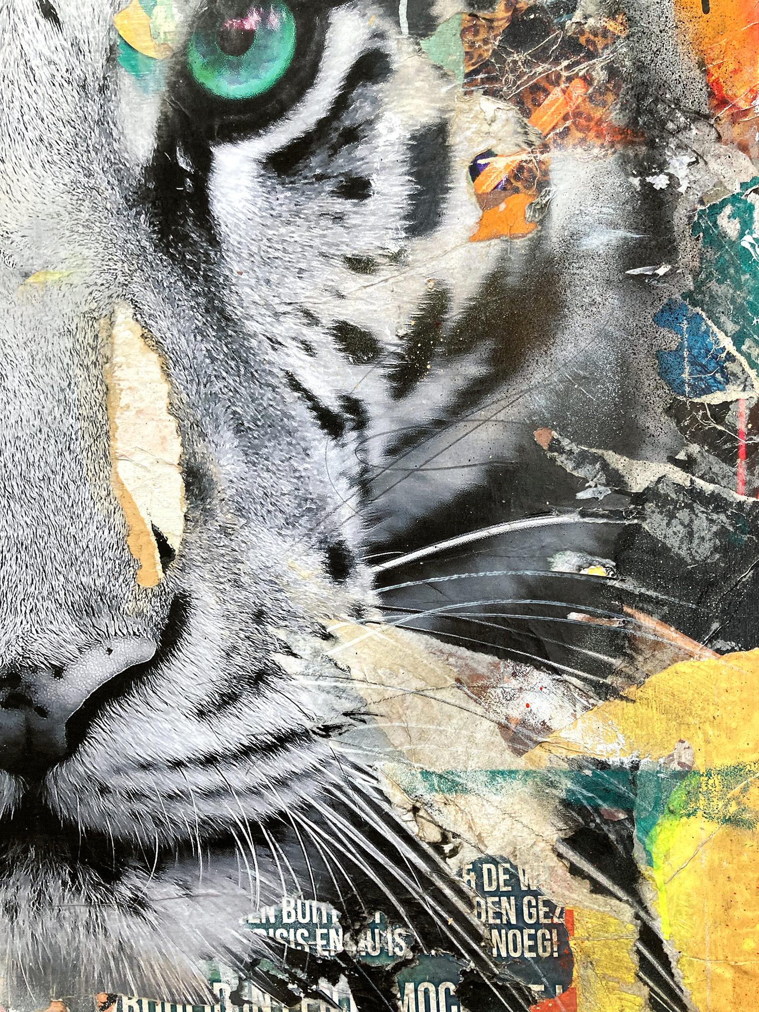 This piece depicts a Tiger done with beautiful expressive colors and a distinctive street art design, this piece pops with energy and romantic beauty. Its composition and bold collage make a wonderful statement and have an edgy and elegant