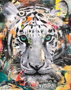 "Easy" Pop Art Street Art Décollage Painting Mixed Media Portrait of Tiger