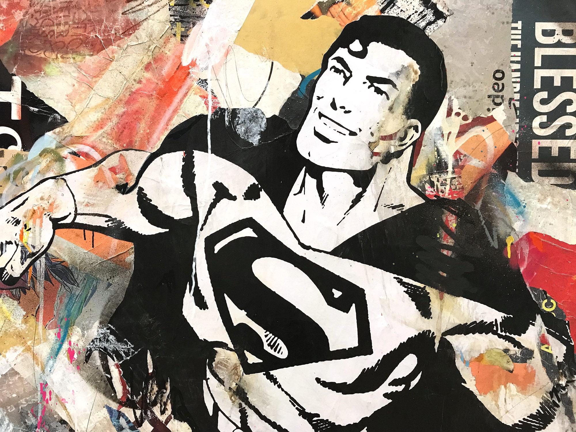 Portrait Pop Art de Superman « Flying For Justice », peinture d'art urbain colorée - Painting de Gieler