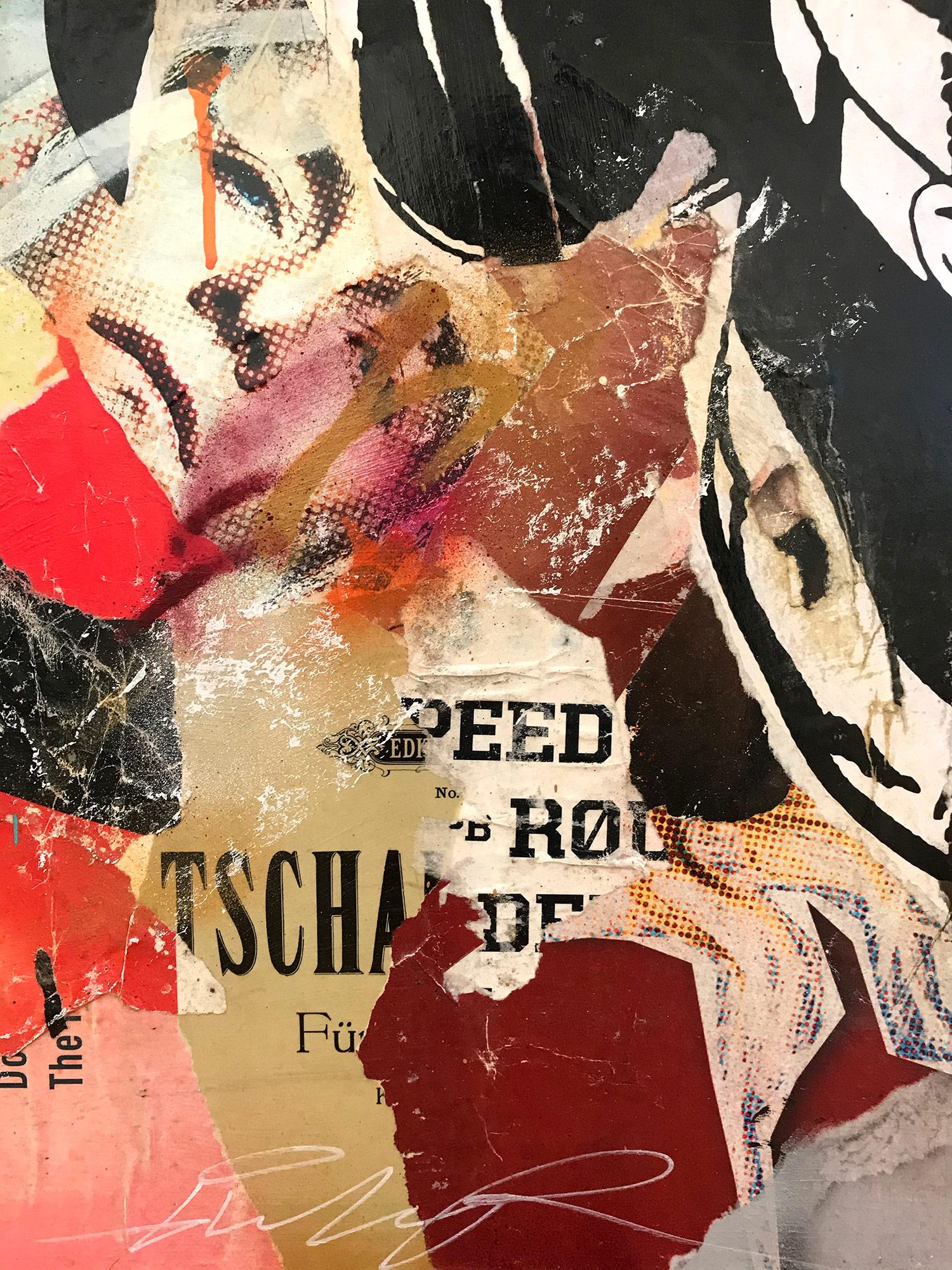 This piece depicts famous icon, Superman. Done with bold expressive colors and a distinctive street art design, this piece pops with energy and a fun composition. It is a large canvas that makes a wonderful statement and has an edgy and pop