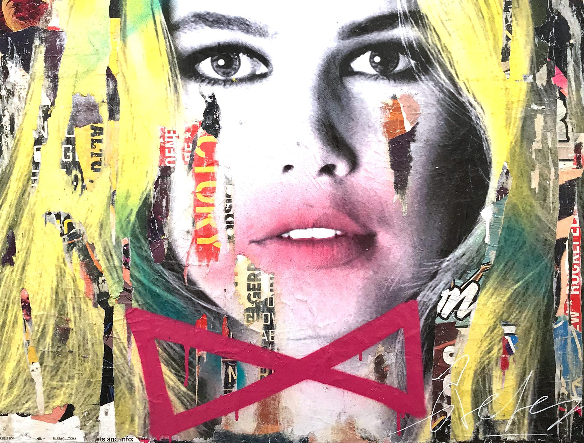This piece depicts famous German actress and model Claudia Schiffer. Done with beautiful expressive colors and a distinctive street art design, this piece pops with energy and romantic beauty. Its composition and bold collage makes a wonderful