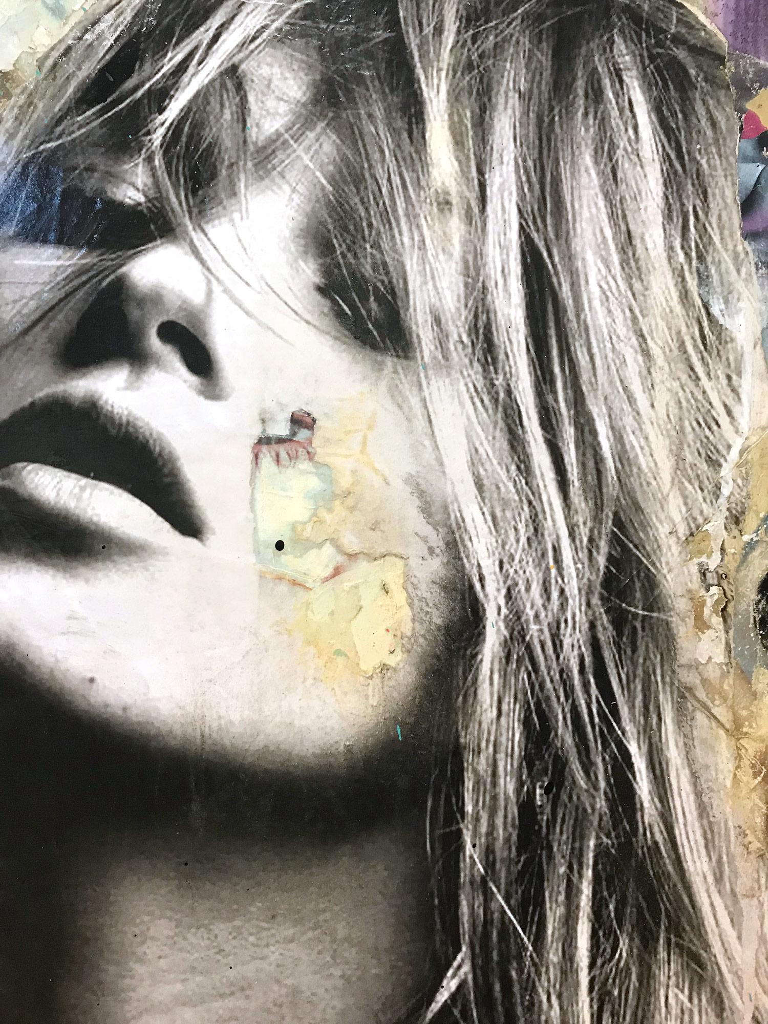 This piece depicts famous English model Kate Moss. Done with beautiful expressive colors and a distinctive street art design, this piece pops with energy and romantic beauty. Its composition and bold collage make a wonderful statement and have an