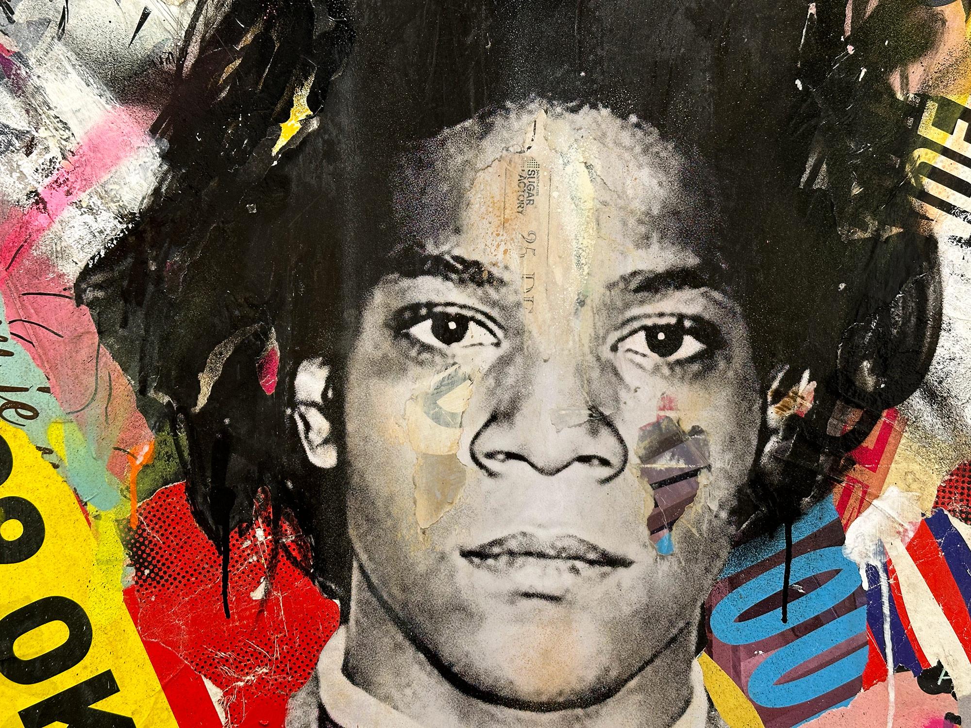 This piece depicts famous artist, Jean-Michel Basquiat. Done with beautiful expressive colors and a distinctive street art design, this piece pops with energy and romantic beauty. Its composition and bold collage make a wonderful statement and have