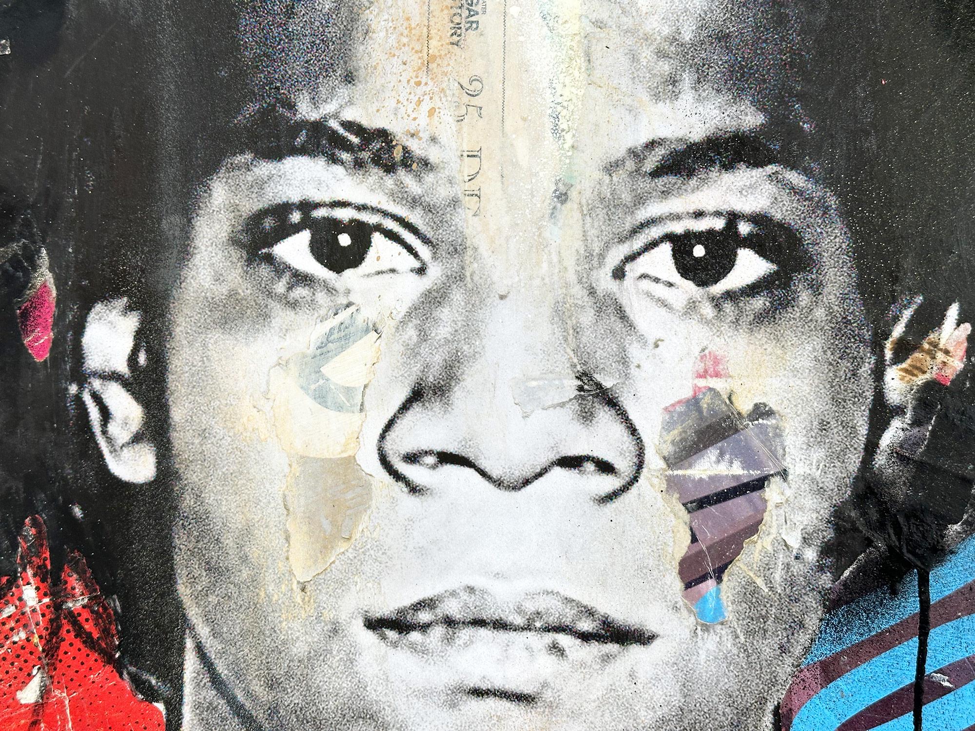 Esta pieza representa al famoso artista Jean-Michel Basquiat. Realizada con bellos colores expresivos y un distintivo diseño de arte callejero, esta pieza rebosa energía y belleza romántica. Su composición y su atrevido collage son una declaración
