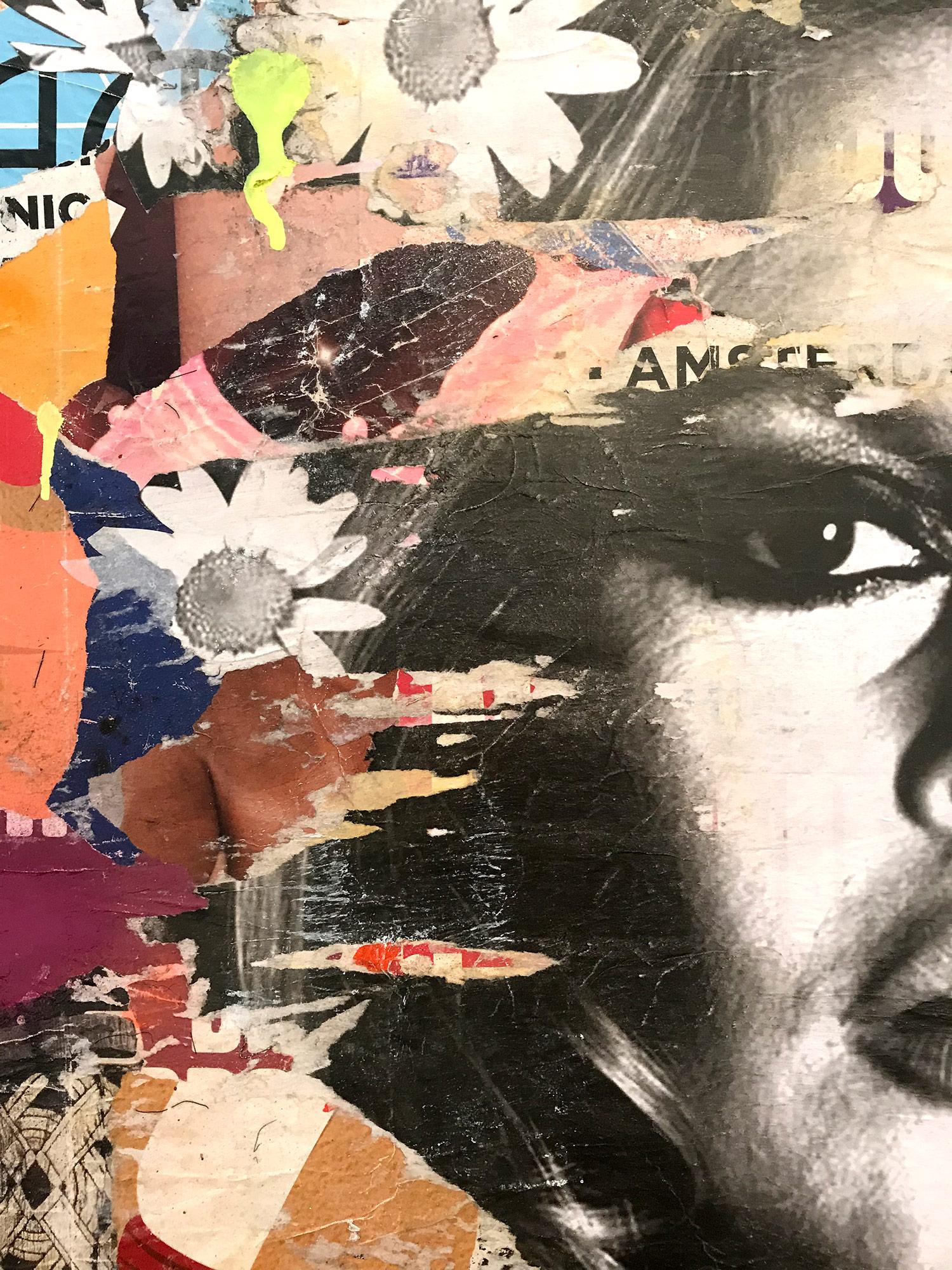 This piece depicts famous French actress and model Brigitte Bardot. Done with beautiful expressive colors and a distinctive street art design, this piece pops with energy and a romantic beauty. Its composition and bold collage makes a wonderful